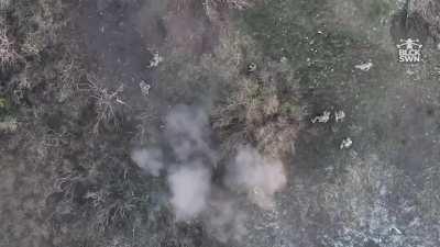 A Ukrainian drone drops a grenade amongst 8 Russians attacking Ukrainian positions. “Black Swan” video, April 6, 2024