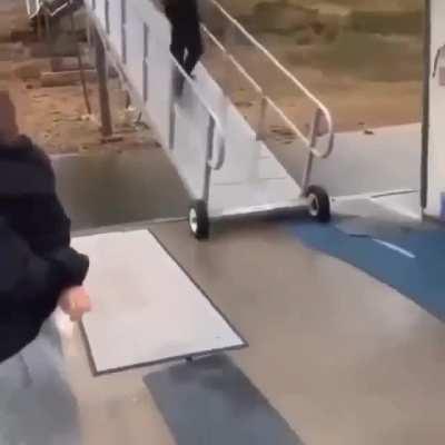 Sliding down a wet metal ramp