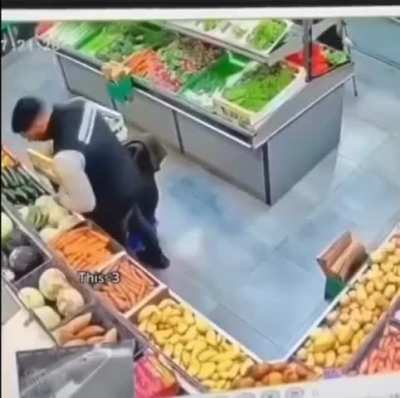 The old lady and this supermarket worker have a routine where they standoff with each other 