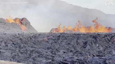 Smoke and Lava Spew From Icelandic Volcano