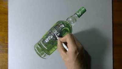 Ultrarealistic drawing of a glass bottle - timelapse