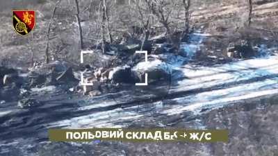 Ukrainian artillery / DPICM shells Russian vehicles and positions west of Kreminna. February 2024 (music from source)