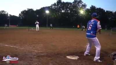 This baseball player hitting it out of the park with a backwards hit.