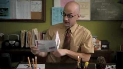 Dean Pelton doing officy things feat. Human Being mascot and Leonard