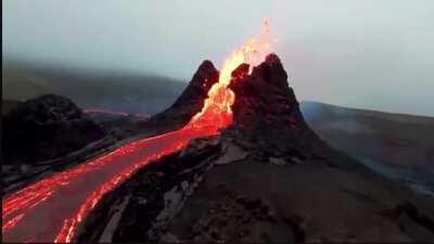 Drone footage captures the Fagradalsfjall volcano in Iceland