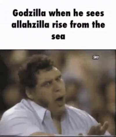 Godzilla when he sees allahzilla rise from the sea