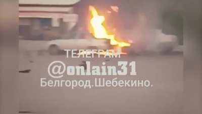 Ukrainian FPV drone hit a military vehicle near a store, in Shebekino, Belgorod region, Russia