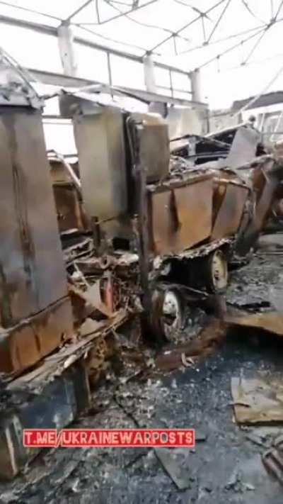 Ukrainian HIMARS strike aftermath on a Russian military vehicle facility recently