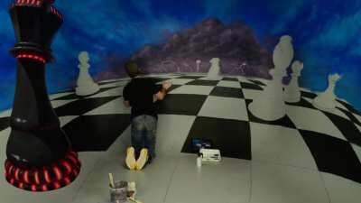 I built a curved wall in my basement to make 3D paintings. I got hooked on chess recently and decided to paint this