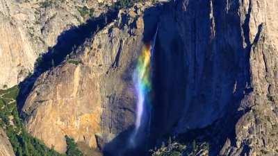 Very high winds at the perfect time of day (9am), and unusual heavy water for November, these special circumstances created a previously undocumented 2,400 foot rainbow waterfall in Yosemite National Park