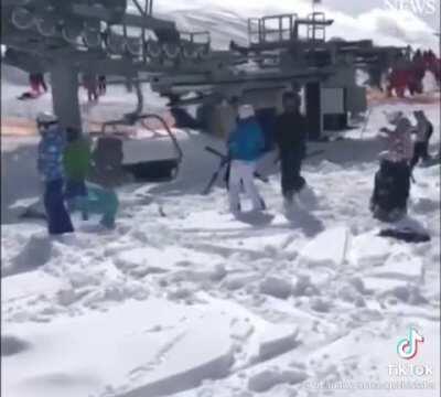 Let's go skiing! What's the worst that could happen? Link to the full 4 minute video where people are yeeted 15 feet in comments.