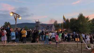 Launching a ball of fire using a mighty trebuchet in Germany