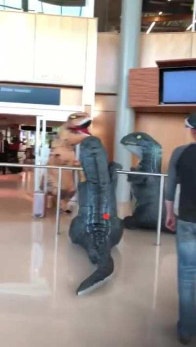 These grandkids planned to surprise grandma at the airport dressing as T-Rex but she heard about it and planned her own surprise.