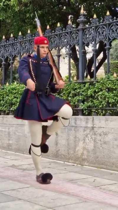 A Greek Evzone (Presidential Guard) marching