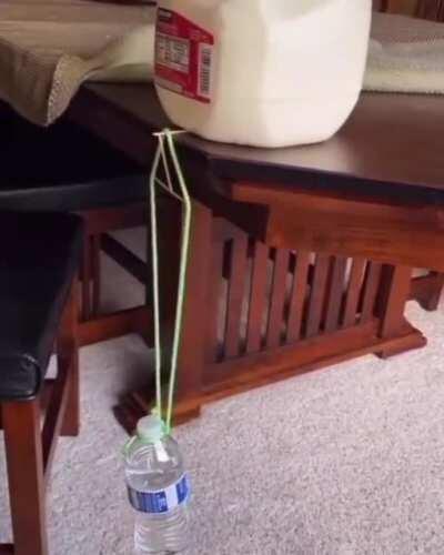 Three toothpicks holding a full water bottle