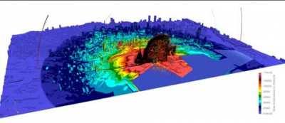 'CFD blast analysis of 2750T ammonium nitrate explosion. The asymmetry of the blast at the Beirut port is due to the grain silo which shielded the area behind it, directing the blast towards the East and South'