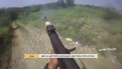 Two barefoot Houthi Fighters gain the high ground over two Saudi Army soldiers and kill them. Saudi Jizan Yemen border May of 2021.