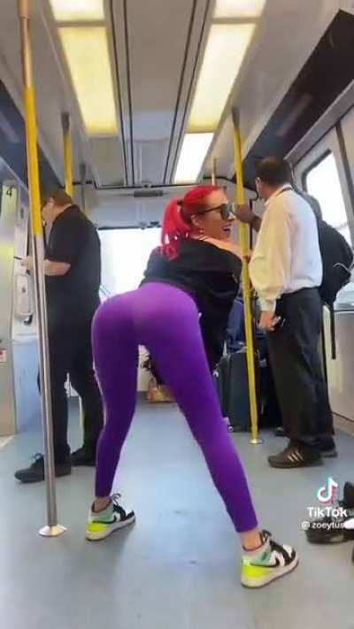 girl jumps on train and starts twerking, caption was 