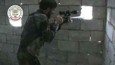 I found this really fucking cool - A FSA Division 16 Sniper with a WW2-era MAS-36 attached with a custom scope, shooting at SAA and Hezbollah Forces. Aleppo 13/12/2014