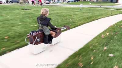 After making Jedi outfits for my son and I, thought his pedal-less ebike would also make for a perfect speeder bike.. and I was right! Neighborhood Jedi on patrol!!