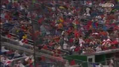 Baseball fan saves wife from flying bat. Gets kiss