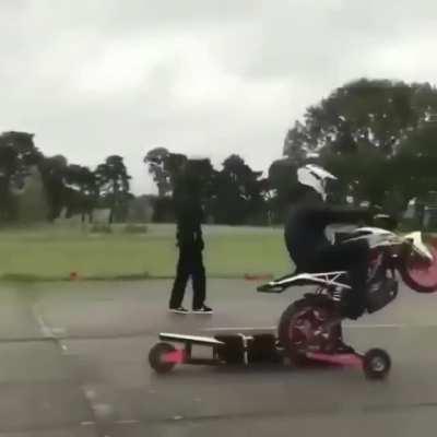 This guy learning to do wheelies with the safety of a no tip training wheels.