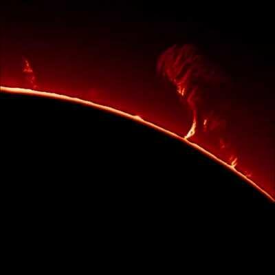 Right now there is a massive storm raging on our sun, raining Earth-Sized chunks of plasma on the surface. I captured this timelapse this afternoon from my backyard that covers about an hour of it. [OC]