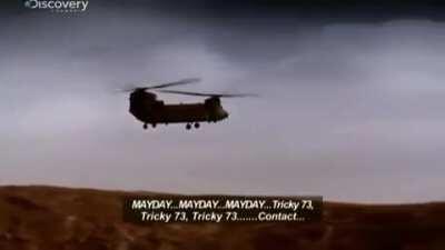 British Chinook takes multiple hits, including a glancing shot to pilot head, on a troop extraction run in Afghanistan.