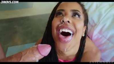 Kira Noir gets cumload on her tongue