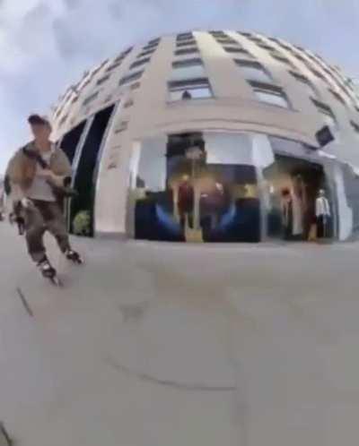 This guy rollerblading through the city