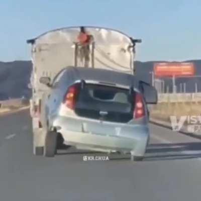 Funny car dancing while getting towed