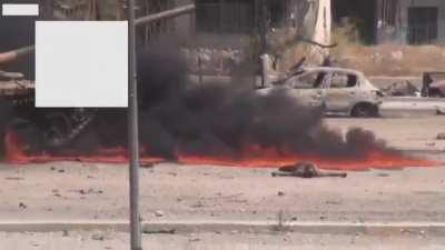 Syrian Army Tank Driver's Brutal End. East Ghouta, Damascus, Syria. August 27th 2013.