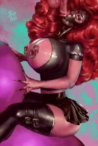 Animation (OC) of Miss Juggs (Jugganaut) latex bimbo fuckdoll