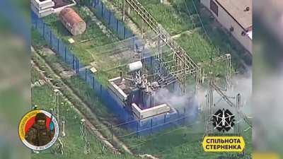 Ukrainian FPV kamikaze destroys Russian substation. Sloboda Zamostya, Kursk region, Russia.