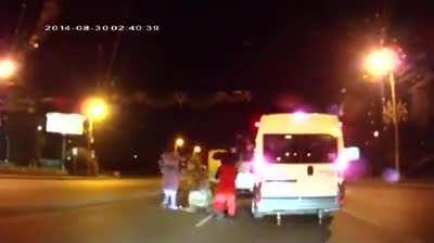 Russian road rager gets curb-stomped by Mickey Mouse, the squirrel from Ice Age, and Spongebob.