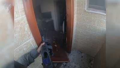 IDF soldier kills a Hamas man in a nearby room, gets hit from a hand grenade, gets up and kills a 2nd Hamas man