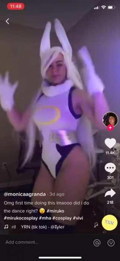 Monica cosplaying and dancing