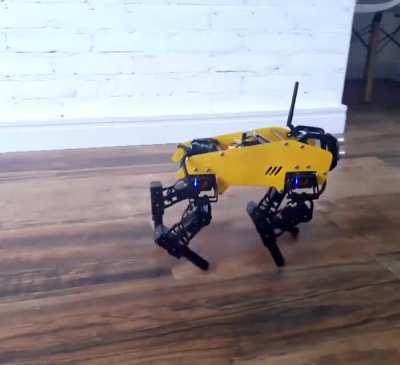 mechDOG is based on Arduino and the new Lynxmotion Smart Servos. The chassis was handcrafted with aluminum and there are other parts also handcrafted with high impact polystyrene. The legs are completely made with brackets from the new Lynxmotion Servo Er