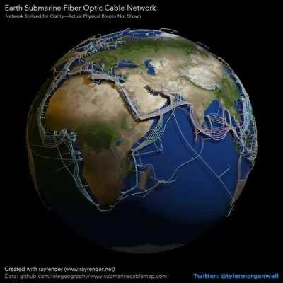 The 3D map of the undersea cables connecting the globe made by Leveraging GeoJSON and data from TeleGeography