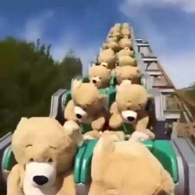 Teddy bears on a rollercoaster