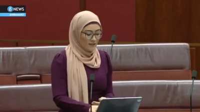 Australian senator Fatima Payman gives a speech in Australian parliament dedicated to Gen Z and Gen Alpha