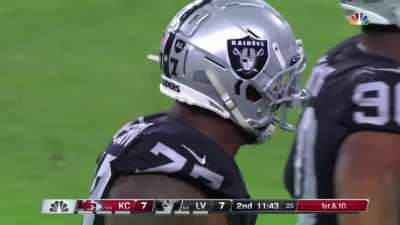 Raiders Quinton Jefferson finds something interesting from the defensive line pre-snap