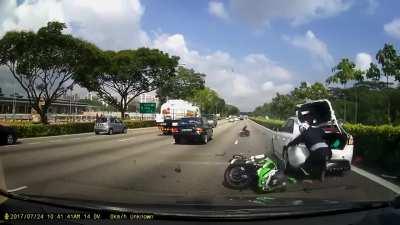 Speeding Biker Rear Ends Stopped Vehicle in the Fast Lane &amp;amp; Flies Through the Air ! both survived (airtime visible at around 0:36) NSFL