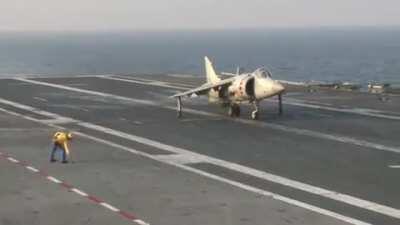 An Indian Navy Harrier takes off from french carrier Charles De Gaulle during joint Indo-French exercises.