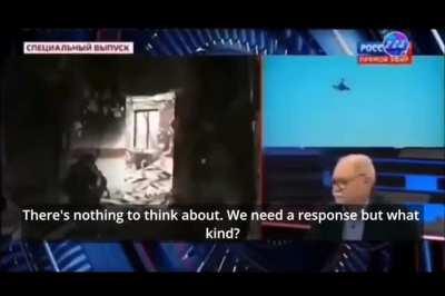 A clip from Russian State TV where one of the the announcers/commenters reacting to the news that thier Flagship was severely damaged.