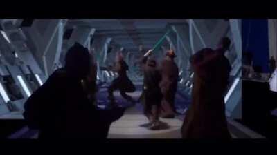 Ki-Daddy-Mundi slaying some droids to prevent their attack on the Wookies.