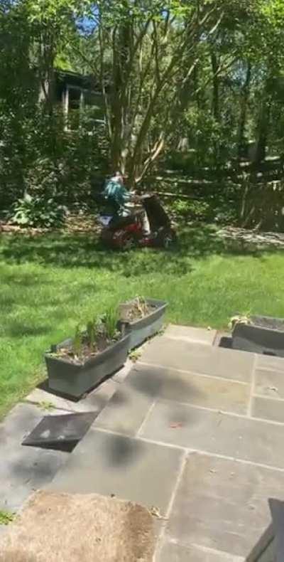 [OC] Two years ago today, my then 91-year old grandfather debuted his new Vespa-esque, off-roading senior scooter for when he went down to the water/our garden.