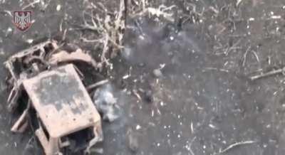 Ukrainian FPV hits a russian soldier, that raises his hands seconds before impact, Ukraine, Jan 2024