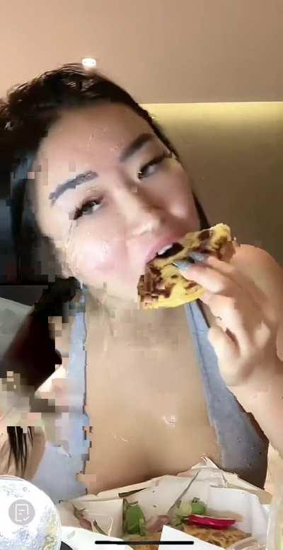 Guacamole 🥑 or chile verde explodes on busty Asian’s chest like a cumshot. Taco 🌮 mukkbang