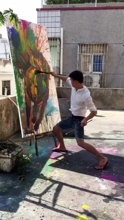 Yi Hao is a talented artist who splashes paint onto a canvas and then uses brushes or just a piece of cloth to create a horse etc. Filmed in the city of Shenzhen, Guangdong Province.